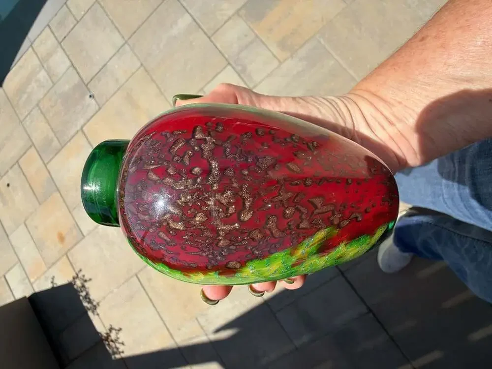 Franco Moretti Murano Art Glass Vase Green Red Blue with Gold Sparkles